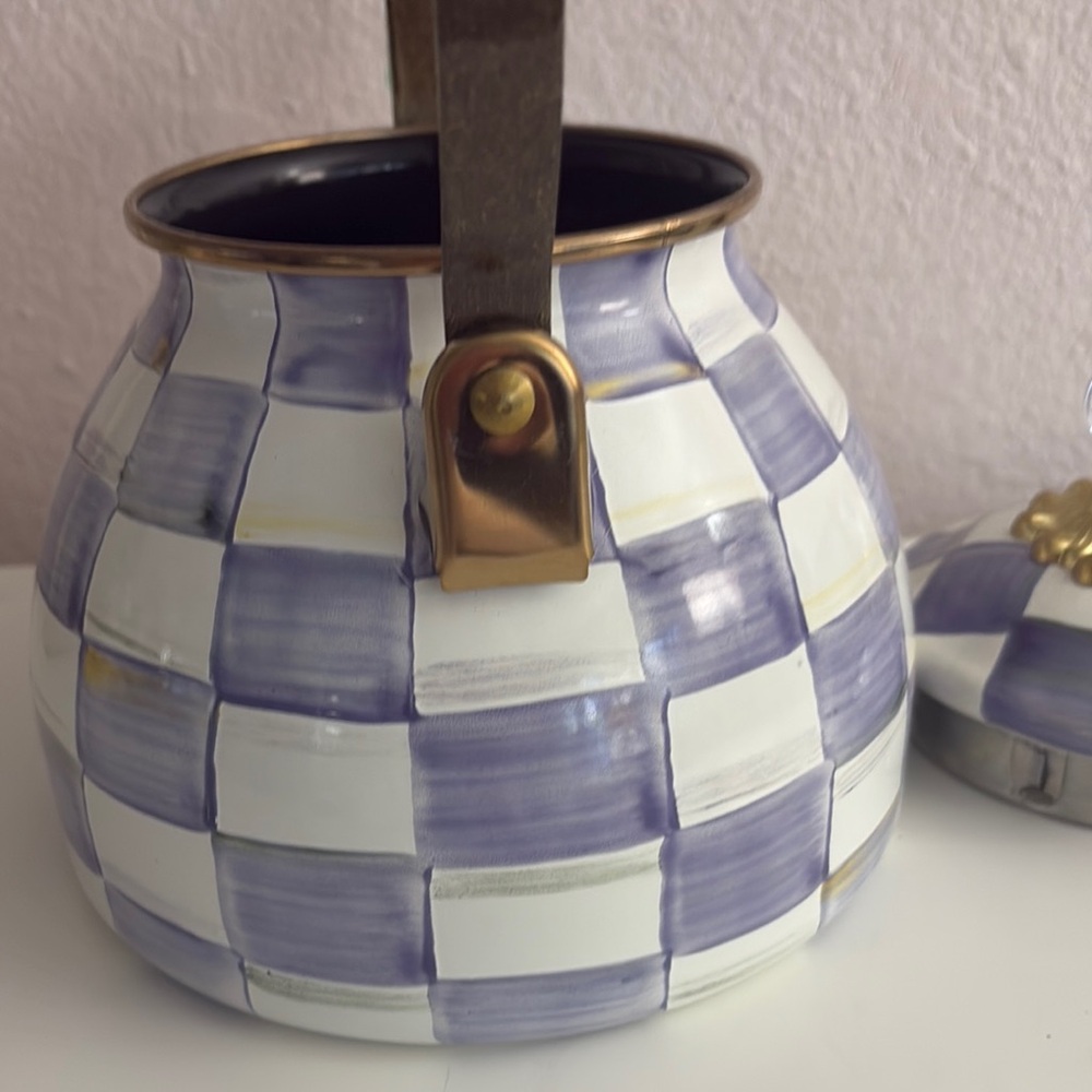 Mackenzie-Childs Hand-Painted Checkered Ceramic Teapot - Violet & White - Picture 8 of 11